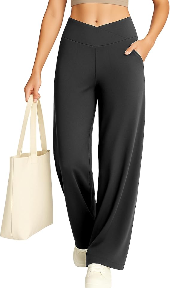 Yogaration Yogahose Sporthose Damen, Weite Hose High Waist Freizeithose mit V-Taille, Bequeme Wide Leg Hose Arbeitshose mit Tasche, Trainingshose Fitness Jogginghose